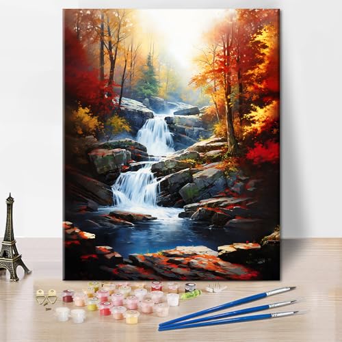 TISHIRON Malen Nach Zahlen Erwachsene Anfänger DIY Paint by Numbers Herbstlandschaft Waldwasserfall Handgemalt Ölgemälde für Home Haus Deko 40x50 cm(Rahmenlos) von TISHIRON