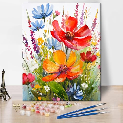 TISHIRON Malen Nach Zahlen Erwachsene Blumen,Sommerblumen DIY Handgemalt Ölgemälde Kit für Anfänger und Erwachsene Ölmalerei Wildblumen und Blätter Blumenrand 40X50CM von TISHIRON