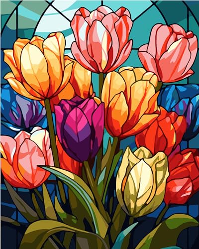 TISHIRON Malen Nach Zahlen Erwachsene und Kinder Anfänger Gemälde Blumen DIY Handgemalt Ölgemälde Kit inklusive Pinsel und Acrylfarbe 40 x 50 cm(Rahmenlos) - Tulpen von TISHIRON