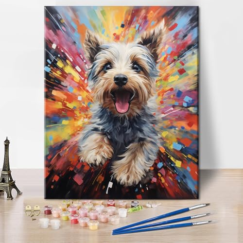 TISHIRON Malen Nach Zahlen Für Erwachsene Bunter Niedlicher Hund Erwachsene Malen Nach Zahlen Laufender Hund Farbenfrohes Acryl ölgemälde Kunsthandwerk 16x20 Zoll von TISHIRON