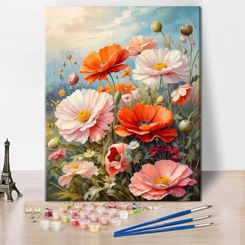 TISHIRON Malen Nach Zahlen Kinder Erwachsene Anfänger Blumen auf dem Feld DIY Paint by Numbers Sommerlandschaft Malen Nach Zahlen Home Haus Deko - 16x20 Zoll (Rahmenlos) von TISHIRON