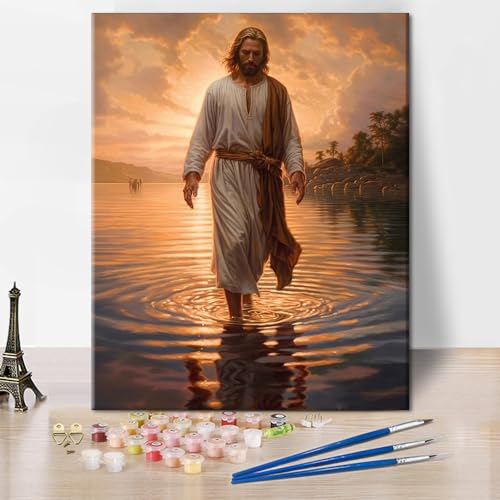 TISHIRON Malen Nach Zahlen Kinder Erwachsene Jesus geht über das Meer DIY Paint by Numbers Jesus Handgemalt Ölgemälde für Home Haus Deko 50x40 cm(Rahmenlos) von TISHIRON