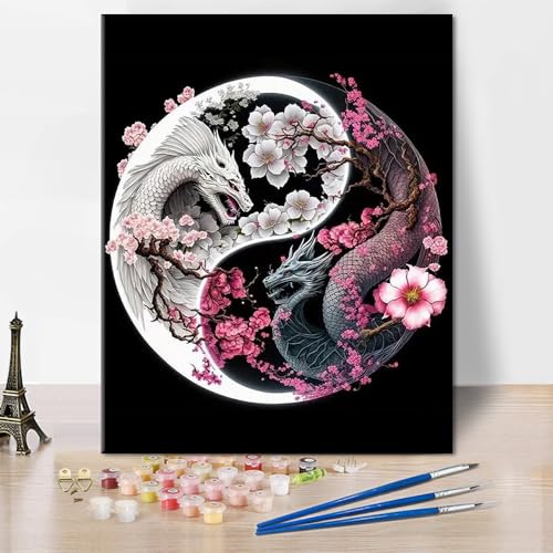 TISHIRON Malen nach Zahlen Bastelset Erwachsene Yin Yang Malen nach Zahlen für Erwachsene Drachen Malen nach Zahlen Bastelset auf Leinwand Blumen Tiere Acrylmalerei 40 x 50 cm(rahmenlos) von TISHIRON