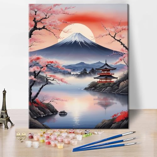 TISHIRON Malen nach Zahlen Bausatz für Erwachsene Fuji Landschaft, DIY Malen nach Zahlen auf Leinwand Berg Mond, Kirschbaum Ölgemälde für Erwachsene, Acrylmalerei Bausätze 40 x 50 cm(rahmenlos) von TISHIRON