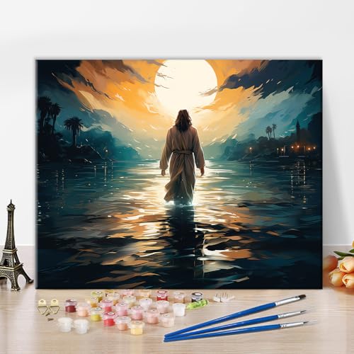 TISHIRON Malen nach Zahlen Christlicher Jesus Erwachsene Malen nach Zahlen Mondlandschaft Erwachsene Malen nach Zahlen Kits Meer DIY Acrylmalerei Kits Kunsthandwerk 40 x 50 cm(rahmenlos) von TISHIRON