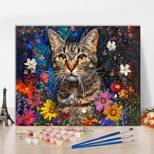 TISHIRON Malen nach Zahlen Erwachsene, Nette Katze unter hellen Blumen Malen nach Zahlen Bausatz für Erwachsene, DIY Acrylmalerei Bausätze auf Leinwand getopft, 40x50 cm(rahmenlos) von TISHIRON