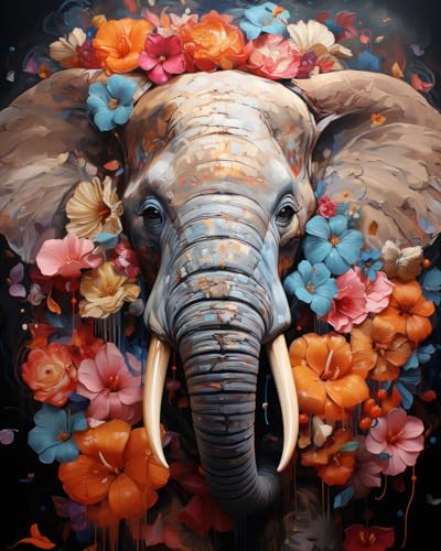 TISHIRON Malen nach Zahlen Erwachsene Anfänger Der Elefant mit Blumen Digitale Malerei Malen nach Zahlen Kits für Erwachsene Kinder Malerei Kunsthandwerk 16x20inch von TISHIRON