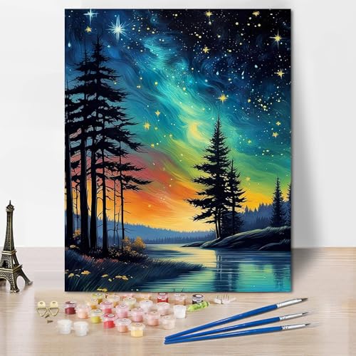 TISHIRON Malen nach Zahlen Erwachsene Aurora DIY Malen nach Zahlen für Erwachsene Sternenhimmel Malen nach Zahlen Kits auf Leinwand Wald Baum Acrylfarbe Kits Kunsthandwerk 40 x 50 cm(rahmenlos) von TISHIRON