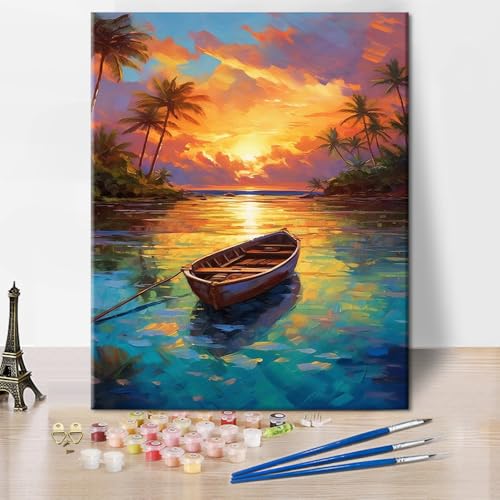 TISHIRON Malen nach Zahlen Erwachsene Boot Erwachsene Malen nach Zahlen Kits auf Leinwand Sonnenuntergang Meer DIY Malen nach Zahlen Kits Ölhandmalerei Kunsthandwerk 40 x 50 cm(rahmenlos) von TISHIRON