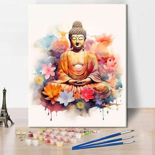 TISHIRON Malen nach Zahlen Erwachsene Buddha, DIY Ölmalerei nach Zahlen Kits für Erwachsene Buddhismus, Erwachsene Malen nach Zahlen Kits Lotusblumen, Kunsthandwerk 40 x 50 cm(rahmenlos) von TISHIRON