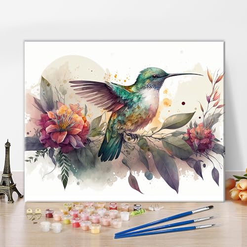 TISHIRON Malen nach Zahlen Erwachsene Bunter Hummer Vogel auf Stock Baum mit Blumen Malsets für Erwachsene mit Pinseln Malen nach Zahlen auf Leinwand Kunsthandwerk, 40x50cm(Rahmenlos) von TISHIRON