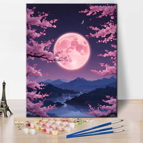 TISHIRON Malen nach Zahlen Erwachsene Die Leuchtende Form des Mondes im Wald Malen nach Zahlen für Erwachsene,Rosa und Violett Paint by Numbers Adult,DIY Ölgemälde für Home Décor(40X50cm) von TISHIRON