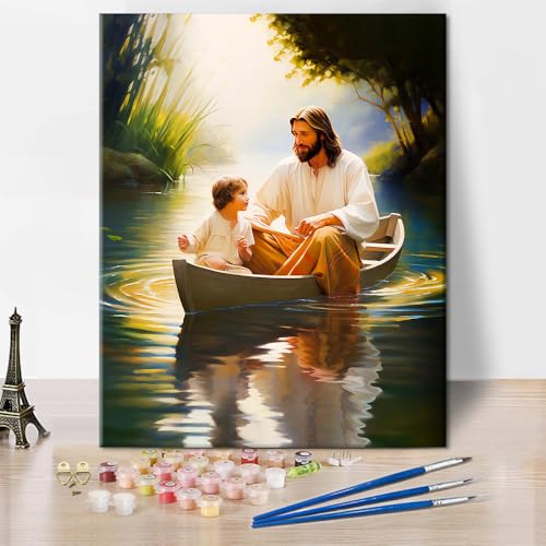 TISHIRON Malen nach Zahlen Erwachsene Jesus auf Boot Malen nach Zahlen Bastelset für Erwachsene Wald DIY Acryl Malen nach Zahlen Bastelset auf Leinwand Seelandschaft Ölgemälde 40 x 50 cm(rahmenlos) von TISHIRON