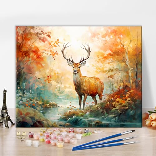 TISHIRON Malen nach Zahlen Erwachsene Kinder Hirsch DIY Erwachsene Malen nach Zahlen Kits Tiere Malsets für Erwachsene Herbst Wald Ölmalerei mit Pinseln Kunsthandwerk 40 x 50 cm(rahmenlos) von TISHIRON