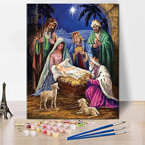 TISHIRON Malen nach Zahlen Erwachsene Kinder Nativity DIY Handgemalt Ölgemälde Kits mit Pinseln für Wandkunst Dekoration Home Haus Deko - The Birth of Jesus 40x50CM(Ohne Rahmen) von TISHIRON