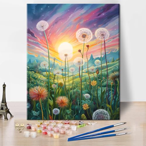 TISHIRON Malen nach Zahlen Erwachsene Löwenzahn DIY Ölmalerei Blumen Blühen Malen nach Zahlen Kits auf Leinwand Verträumter Himmel Sonnenuntergang Malvorlagen Kunsthandwerk 40 x 50 cm(rahmenlos) von TISHIRON