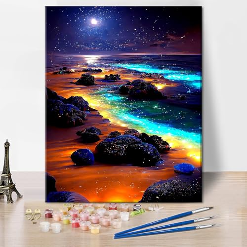 TISHIRON Malen nach Zahlen Erwachsene Nacht Strand DIY Malen nach Zahlen Bausatz Meer Erwachsene Malen nach Zahlen Bausatz Mondlicht Ölmalerei Bausatz Kunsthandwerk 40 x 50 cm(rahmenlos) von TISHIRON