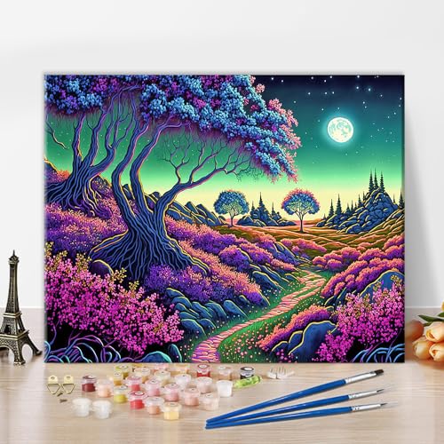 TISHIRON Malen nach Zahlen Erwachsene Natur Landschaft Erwachsene Malen nach Zahlen Kits mit Pinseln Mondlicht Nachtszene Acrylmalerei nach Zahlen Geschenk für Zuhause Wand 40 x 50 cm(rahmenlos) von TISHIRON