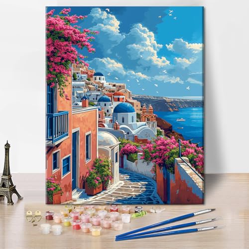 TISHIRON Malen nach Zahlen Erwachsene Santorini DIY Erwachsene Malen nach Zahlen Europa Stadt Erwachsene Malen nach Zahlen Kits auf Leinwand Seaside Acryl Aquarell Malerei 40 x 50 cm(rahmenlos) von TISHIRON