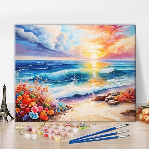 TISHIRON Malen nach Zahlen Erwachsene Strand Malen nach Zahlen Kits auf Leinwand Seelandschaft Malen nach Zahlen Kit Blumen Ölmalerei für Erwachsene Scenery Acrylfarbe Kits 40 x 50 cm(rahmenlos) von TISHIRON