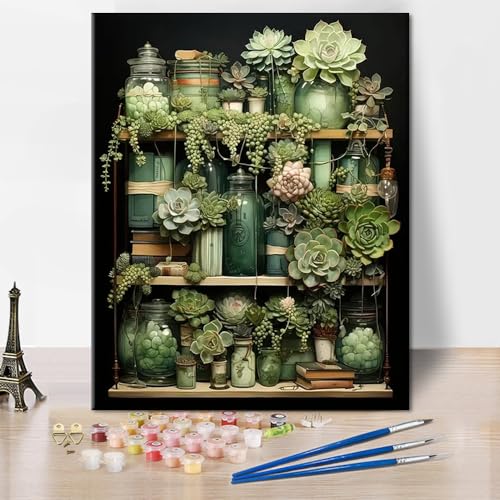 TISHIRON Malen nach Zahlen Erwachsene Sukkulente DIY Malen nach Zahlen für Erwachsene Grüne Flasche Malen nach Zahlen Kit für Erwachsene Blumen Pflanze Acrylmalerei Kits 40 x 50 cm(rahmenlos) von TISHIRON