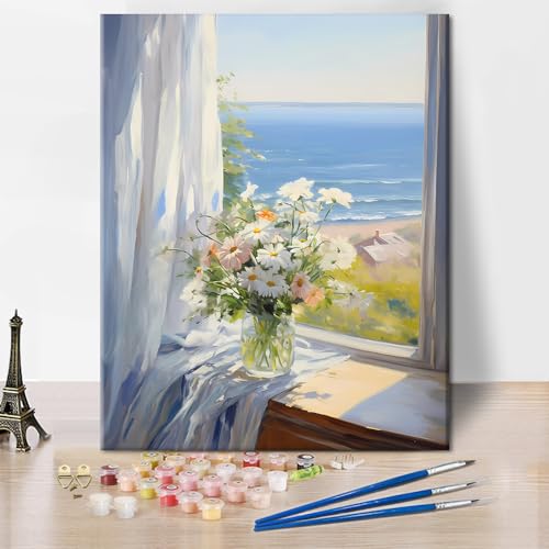 TISHIRON Malen nach Zahlen Erwachsene Vase Gänseblümchen Öl Handmalerei Seaside Scenery DIY Malen nach Zahlen Kits auf Leinwand Meer Küste Landschaft Malerei Kunsthandwerk 40 x 50 cm(rahmenlos) von TISHIRON