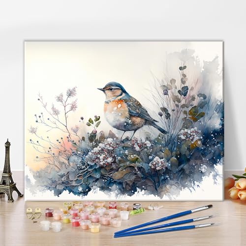 TISHIRON Malen nach Zahlen Erwachsene Vogel DIY Malen nach Zahlen Bausatz für Erwachsene Spatz Erwachsene Malen nach Zahlen Bausätze Tiere Acrylmalerei Winterblume 40 x 50 cm(rahmenlos) von TISHIRON