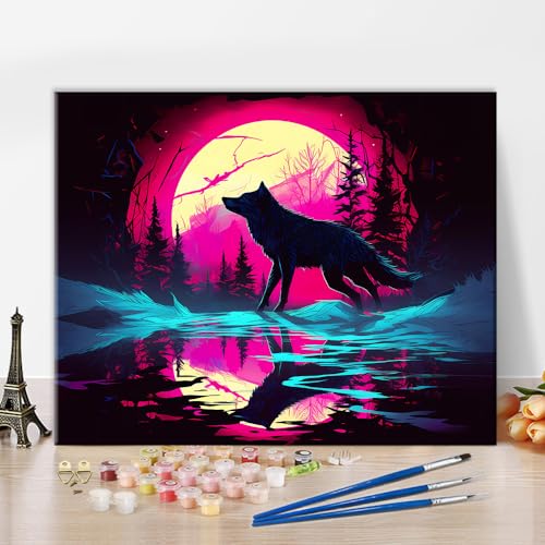 TISHIRON Malen nach Zahlen Erwachsene Wolf Erwachsene Malen nach Zahlen Malset Mond und Wald Malen nach Zahlen Kits DIY Ölmalerei Kunsthandwerk für Zuhause 40 x 50 cm(rahmenlos) von TISHIRON