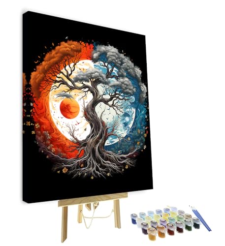 TISHIRON Malen nach Zahlen Erwachsene Yin Yang Baum DIY Öl Handmalerei mit Pinseln Rot Blau Lebensbaum Erwachsene Malen nach Zahlen Kits Mond Sonne Kunsthandwerk 40 x 50 cm(Rahmen) von TISHIRON