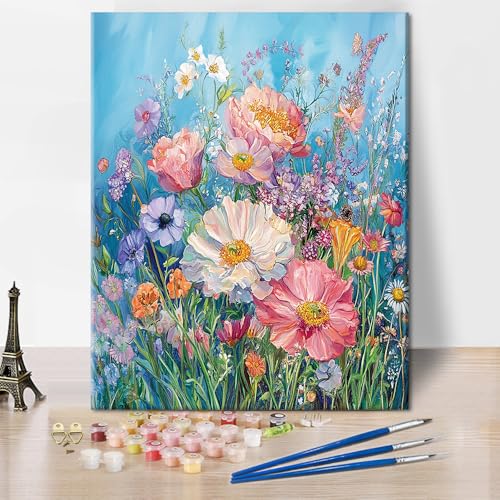 TISHIRON Malen nach Zahlen Erwachsene und Anfänger Wiese Malen nach Zahlen Junior Frühling Blumen Malen nach Zahlen Sets DIY Malen nach Zahlen für Erwachsene mit 3 Pinseln Heimdekoration,40x50cm von TISHIRON