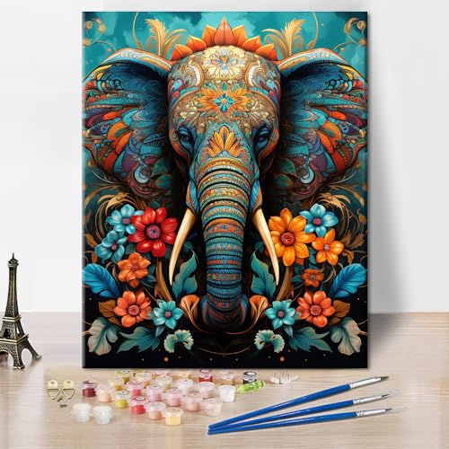 TISHIRON Malen nach Zahlen Kit Erwachsene, Elefanten Malen nach Zahlen, Blumen Erwachsene Malen nach Zahlen Kits, bunte Elefanten Home Wall Decor, Ideal Kunst Geschenk Kinder16x20inch Frameless von TISHIRON