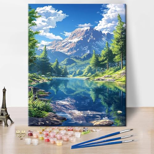 TISHIRON Malen nach Zahlen Kit Erwachsene Bergsee DIY Malen nach Zahlen Kits auf Leinwand Wald Ölgemälde für Erwachsene Acrylmalerei nach Zahlen für Zuhause 40 x 50 cm(rahmenlos) von TISHIRON