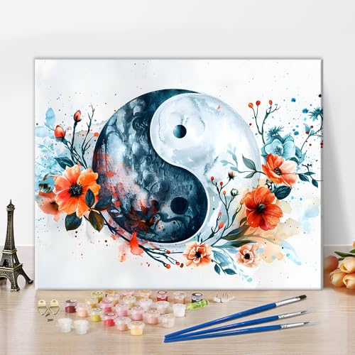 TISHIRON Malen nach Zahlen Kit für Erwachsene Aquarell Yin Yang Symbol Malen nach Zahlen für Erwachsene Florale Elemente Erwachsene Malen nach Zahlen Kits auf Leinwand Ölgemälde Kunsthandwerk von TISHIRON