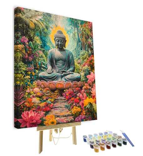 TISHIRON Malen nach Zahlen Kit für Erwachsene Buddha Gemälde Erwachsene Malen nach Zahlen Kits auf Leinwand Buddha Zwischen Blumen Malen nach Zahlen Kit für Erwachsene Vintage Kunsthandwerk Umrahmt von TISHIRON