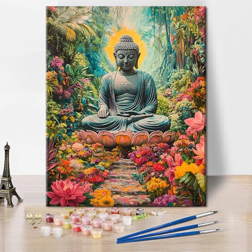 TISHIRON Malen nach Zahlen Kit für Erwachsene Buddha Gemälde Erwachsene Malen nach Zahlen Kits auf Leinwand Buddha Zwischen Blumen Malen nach Zahlen Kit für Erwachsene Vintage Kunsthandwerk von TISHIRON