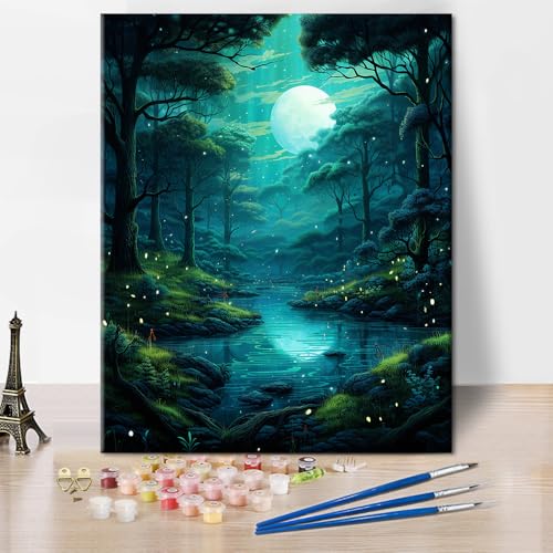 TISHIRON Malen nach Zahlen Kit für Erwachsene Nebelwald, Ölgemälde für Zuhause Wanddekoration Mondlicht, DIY Acryl Malen nach Zahlen Kits auf Leinwand Kunsthandwerk 40 x 50 cm(rahmenlos) von TISHIRON