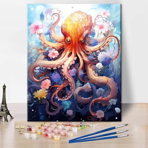 TISHIRON Malen nach Zahlen Kit für Erwachsene Oktopus und Blumen Ölgemälde Meereskreaturen Abstrakte Wandkunst Malerei für die Wanddekoration zu Hause Rahmenlos 16" B x 20" L von TISHIRON