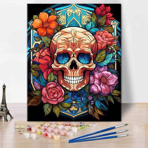 TISHIRON Malen nach Zahlen Kit für Erwachsene Totenkopf Blumen Erwachsene Malen nach Zahlen mit Pinseln Blumenmalerei Ölfarben Malen nach Zahlen DIY Acrylmalerei Blumen Kunsthandwerk für Zuhause von TISHIRON