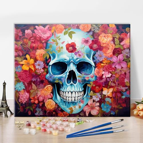 TISHIRON Malen nach Zahlen Kits für Erwachsene Catrina Schädel in bunten Blumen mit floralem Ornament Ölgemälde DIY Malen nach Zahlen für die Wanddekoration zu Hause 16x20 Zoll von TISHIRON