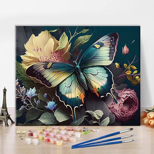 TISHIRON Malen nach Zahlen Schmetterling mit Blumen Erwachsene Malen nach Zahlen Kits auf Leinwand Öl Hand Malerei mit Pinseln Malerei Kits Erwachsene Kunsthandwerk für Zuhause 40x50 cm(rahmenlos) von TISHIRON