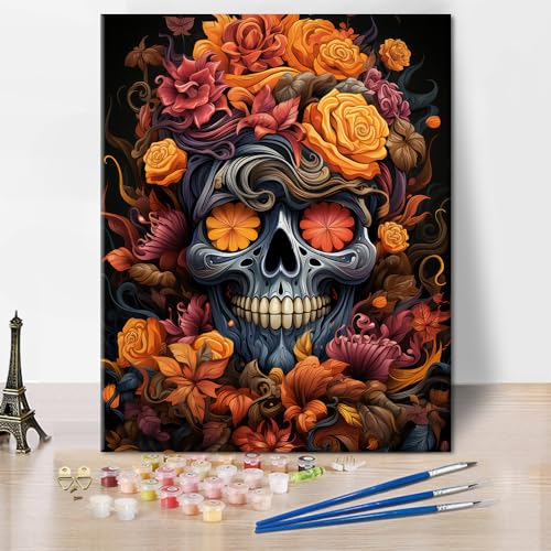 TISHIRON Malen nach Zahlen Set Erwachsene, Ein Totenkopf mit Blumen Malen nach Zahlen mit Pinseln und Acrylpigmenten, Totenkopf Malen nach Zahlen Set Erwachsene Anfänger 16x20 Zoll rahmenlos von TISHIRON