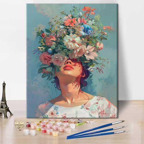 TISHIRON Malen nach Zahlen Set für Erwachsene Blume DIY Malen nach Zahlen für Erwachsene Mädchen mit Blumen Ölmalerei mit Pinseln Erwachsene Malen nach Zahlen Kits Kunsthandwerk 16x20 Zoll von TISHIRON