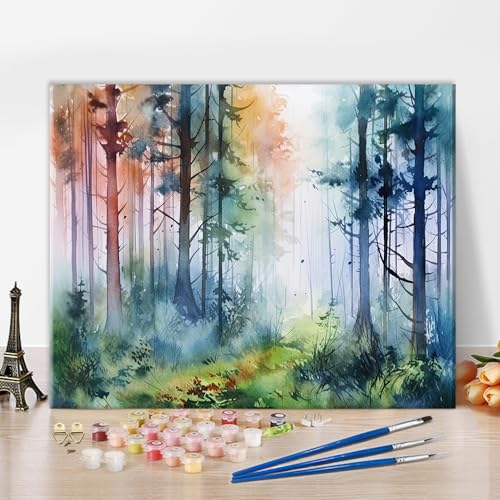 TISHIRON Malen nach Zahlen Set für Erwachsene Nebeliger Wald Erwachsenen Malen nach Zahlen mit Pinseln Aquarellmalerei Ölmalerei nach Zahlen DIY Acrylmalerei Pflanzenkunsthandwerk für Zuhause von TISHIRON