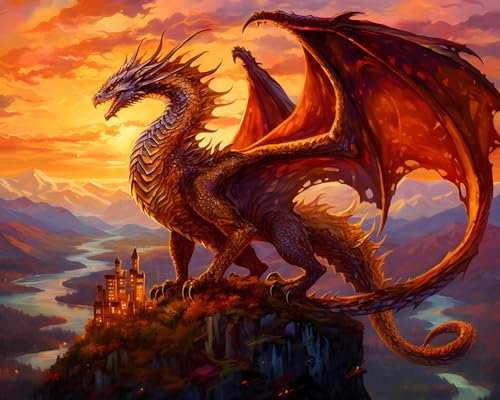 TISHIRON Malen nach Zahlen Set für Erwachsene und Kinder Digital Art Fantasy Drache in den Bergen bei Sonnenuntergang DIY Malen nach Zahlen für Zuhause Familie Digitale Malerei 40x50cm von TISHIRON