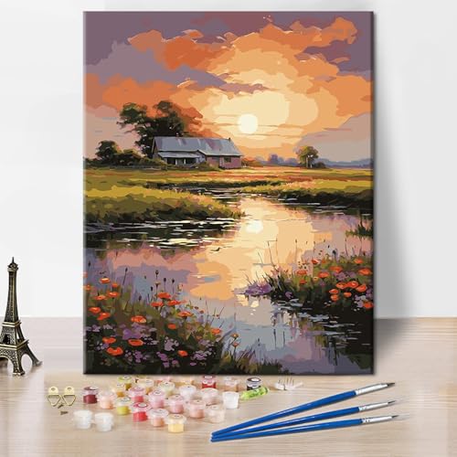 TISHIRON Malen nach Zahlen Sonnenuntergang Landschaft Malen nach Zahlen Bausatz für Erwachsene Blumensee DIY Malen nach Zahlen Bausätze auf Leinwand Landschaft Kunsthandwerk 40 x 50 cm(rahmenlos) von TISHIRON