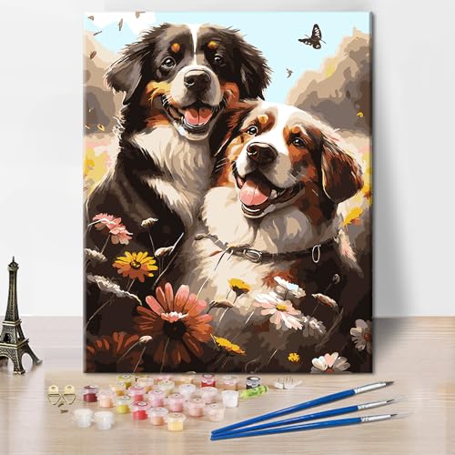 TISHIRON Malen nach Zahlen Tiere Erwachsene DIY Kunstwerk Zwei Hunde in Einem Blumenfeld Ölgemälde Kinder Bunte Leinwand Malen Kunst Moderne Malen nach Zahlen Kits 16x20 Zoll von TISHIRON