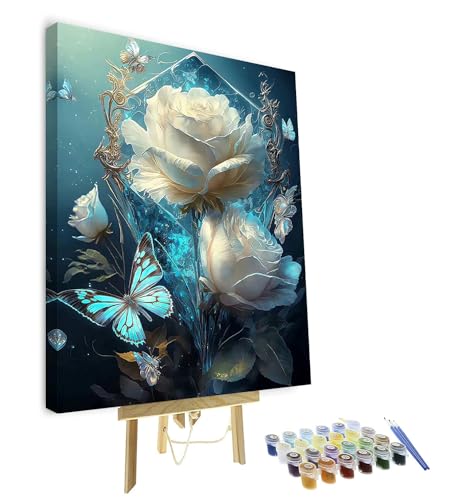 TISHIRON Malen nach Zahlen für Anfänger Blumen Schmetterling DIY Malerei nach Zahlen Kits für Kinder Champagner-Rose Leinwand Kunsthandwerk für Wohnkultur -mit Rahmen 16" x 20" von TISHIRON