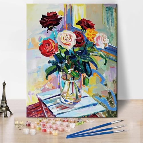 TISHIRON Malen nach Zahlen für Anfänger Blumen in einer Vase DIY Malerei nach Zahlen Kits für Kinder Farben Gemalt mit Kunsthandwerk für Wohnkultur - 16" x 20" von TISHIRON