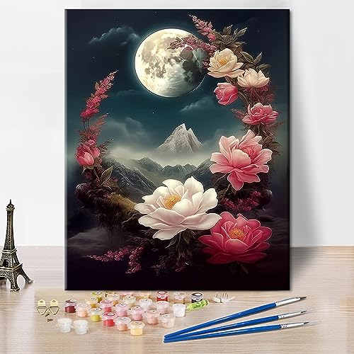 TISHIRON Malen nach Zahlen für Anfänger Erwachsene Blumen Malerei Mond DIY Ölgemälde Kit mit Pinseln für Wohnkultur Liebesgeschenk - 16" x 20"(ohne Rahmen) von TISHIRON