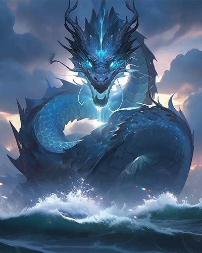 TISHIRON Malen nach Zahlen für Erwachsene, Fantasy-Drache mit leuchtenden Augen, Malen nach Zahlen für Erwachsene, Malen-nach-Zahlen-Set, Motiv: Wasserdrache, Malen-nach-Zahlen-Set für Erwachsene, von TISHIRON